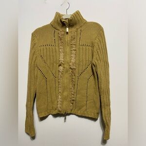 Cabo Womens Large Cardigan Sweater Full Zip Wool Blend Cable Knit Tan Faux Fur